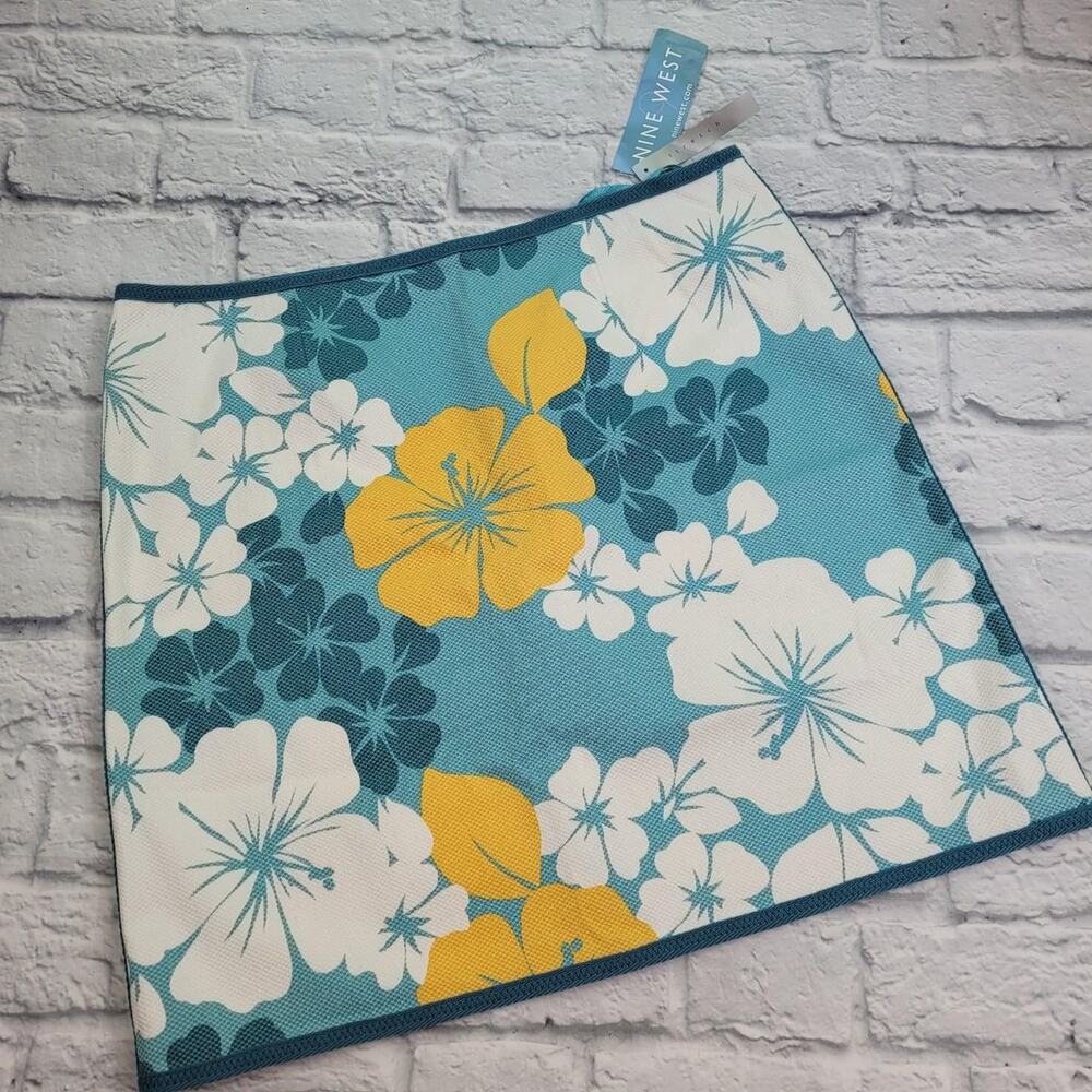 Nine West Tiki Lounge Floral Skirt Textured Blue Yellow White Coconut Girl sz 12